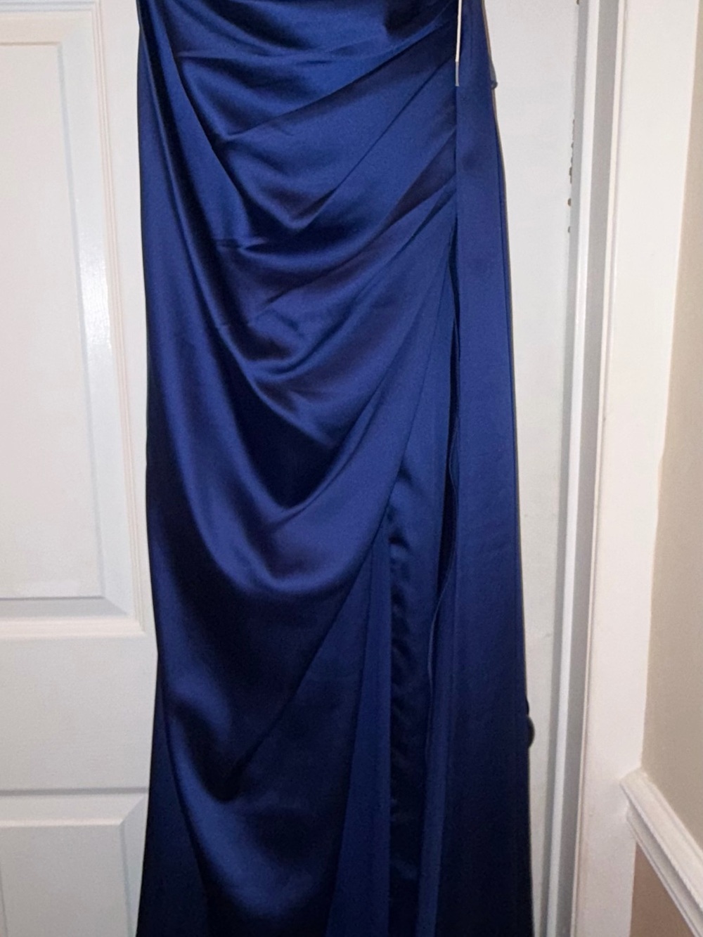 Draped Navy Satin Prom Dress